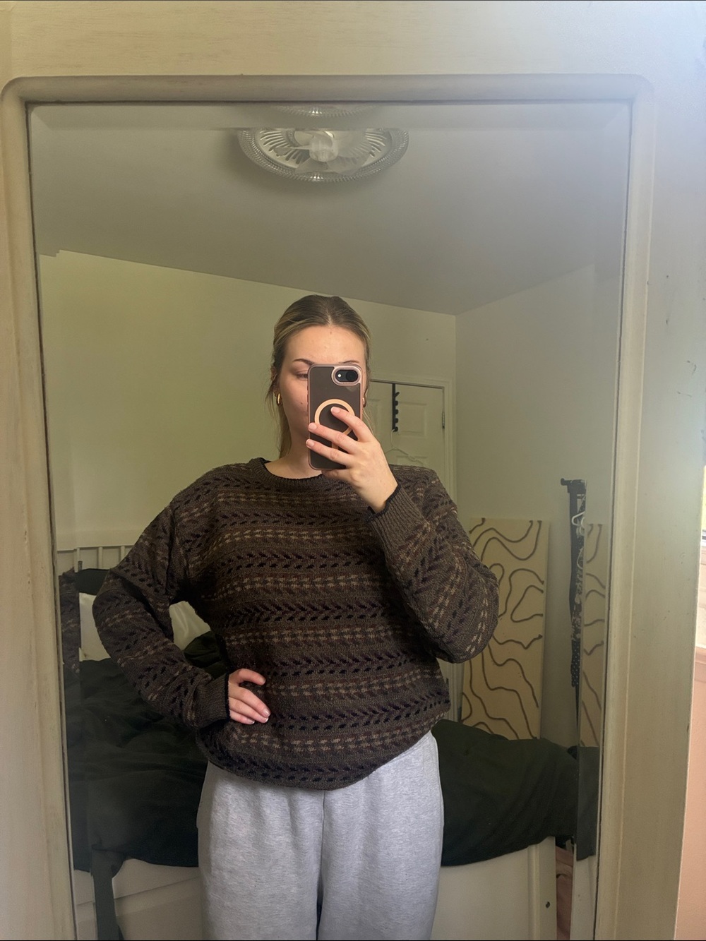 Jantzen Brown Open-Weave Crewneck Sweater